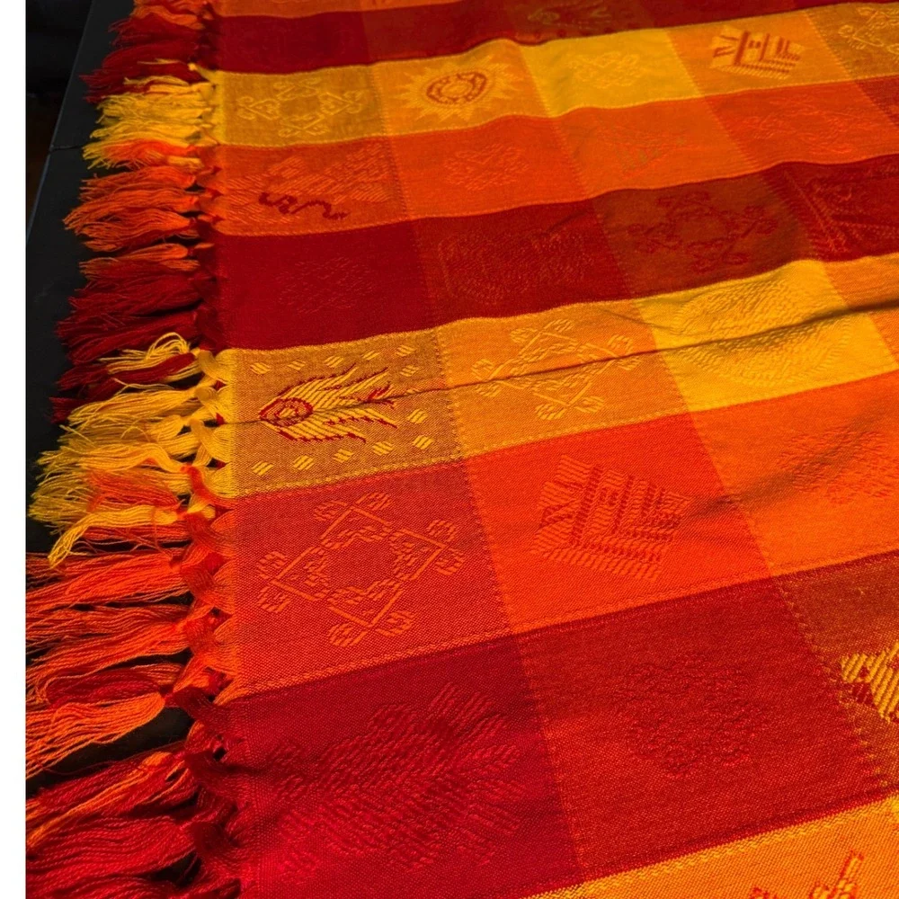 Vintage Mayan Incan Andean Style Woven Tablecloth Orange Red Gold Fringe